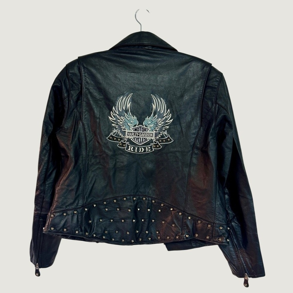 Harley Davidson Womens Large Black Studded Leather Biker Moto Jacket Blue Wings